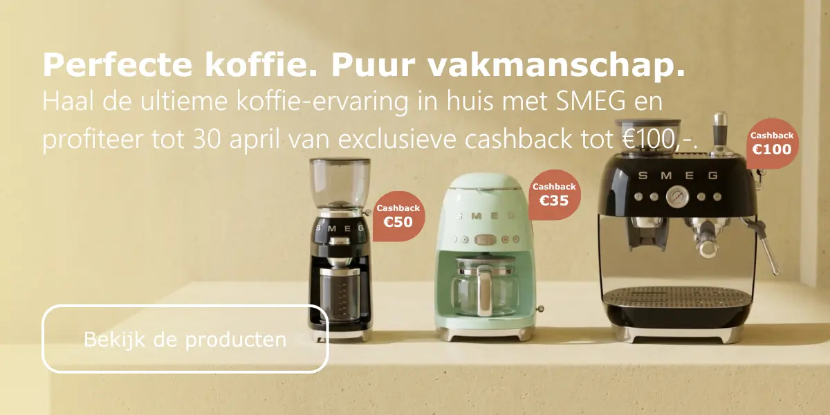SMEG cashback actie bij BYVERSLOOT op de EGF03 espressomachine, DCF02 filterkoffiemachine en CGF02 koffiemolen &ndash; tot 100 euro retour.